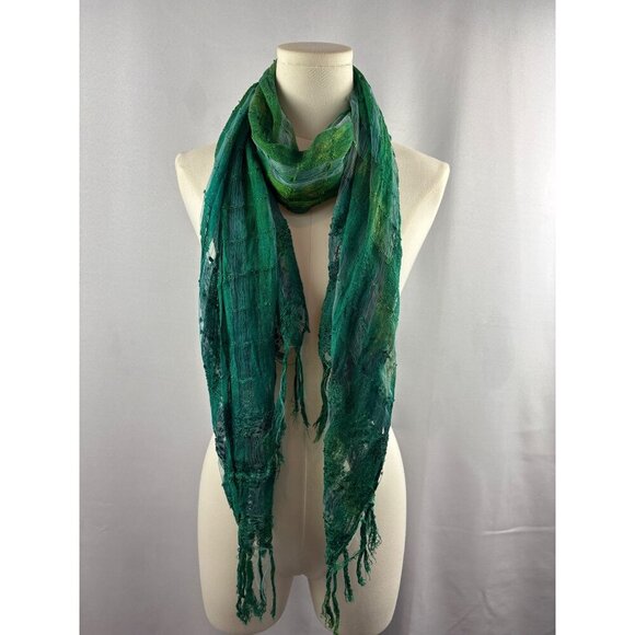 Women’s Green, Blue, & Teal Tasseled Knit & Mesh Scarf - Picture 6 of 6